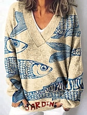 Недорогие Пуловеры и топы-Жен. Кардиган Повседневные Графика Животное Геометрический принт Рельефный узор V-образный вырез Пуговицы С принтом Длинный рукав Обычные топы Вязать на открытом воздухе выходные Красный Синий