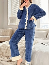 abordables Ropa para estar en casa para mujeres-Mujer Pijamas Ropa de salón Conjunto pijama 2 Piezas Confort Suave Retazos Cintura elástica Botones Pantalón Hogar Diario Cama Manga Larga Escote en Pico Azul Oscuro Otoño Invierno