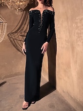 abordables Robes de Soirée Sirène-Sirène / Trompette Longueur au sol Robes de Bal Robe de Soirée Tenue de soirée Élégant Scintillant Style Célébrité manche longue Épaules Dénudées Formel Mariage Crêpe Extensible avec Cristaux