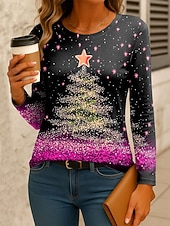 abordables T-shirts de Noël-Noël Femmes T-shirt Graphique Arbre de Noël ancien Mode Élégant manche longue Col ras du cou Hauts Réguliers Quotidien Week-end Imprimé Jaune Rose Claire Rouge Bleu Vert Printemps Automne Hiver