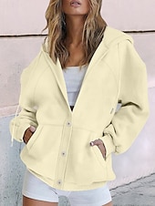 baratos jaqueta com capuz-Mulheres Casaco com capuz Confortável Respirável Bolsos Botões Casual Tecido Férias Rua Casual Roupa Diária Não Trespassado Padrão Com Capuz Normal Manga Longa agasalhos Branco Amarelo Azul Primavera