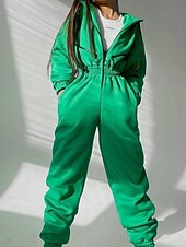 olcso nyaralás jumpsuit-Női Szabályos Jumpsuitek Utcai sikk Színes Hosszú ujj Kapucni Kollázs Cipzár Utca Napi Normál Fehér Arcpír rózsaszín Medence Ősz