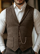  Муж. Жилет Официальные Свадьба Для вечеринок Винтаж Классический и неустаревающий Наступила зима Полиэстер Сплошной цвет Однобортный крой Блейзер Темно-серый Темно синий Коричневый
