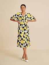 economico Abiti da donna-Femminile Abito Elegante Abito Midi Giallo Manica Corta Astratto Estate Primavera Autunno Scollo a V Elegante Abito elegante S M L