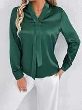  Жен. Рубашка Elegant Нарядный Атласный верх галстук спереди Сплошной цвет Стиль На каждый день Длинный рукав V-образный вырез Обычные топы Повседневные На выход Зеленый Светло-серый Весна Осень