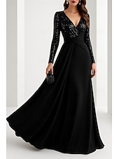 preiswerte A-Linie Abendkleider-Abendkleid in A-Linie mit schwarzer Krawatte, elegantes Abendkleid für formelle Hochzeiten, bodenlang, lange Ärmel, V-Ausschnitt, Pailletten mit Glitzerfalten 2025