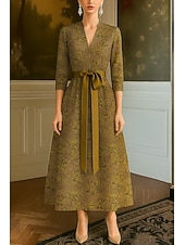 abordables Robes de cocktail-Ligne A Robe de Soirée Élégant Robe de soirée Formel Mariage Longueur au sol Manche 3/4 Col en V Poche Nylon avec À Bretelles 2025