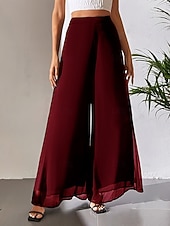 baratos perna larga e cintura alta-Mulheres Perna larga chinês Moda Roupa de rua Básico Comprimento total Cintura Alta Tecido Cintura elástica Confortável Macio Com Stretch Ao ar livre Rua Casual Marron Escuro Vinho Preto Branco Verão