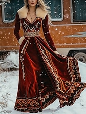 preiswerte Boho Kleider-Damen Maxikleid A Linie Kleid Lässig Täglich Normale Passform Ethnisch Langarm V Ausschnitt Wein Herbst Winter