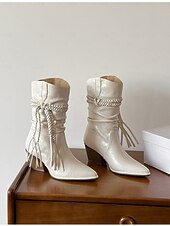 baratos Cowboy &amp; Western Boots-Botas femininas de camurça boêmia de cano médio com design de borlas trançadas e salto grosso - calçado casual estilo retrô western para festas e festivais