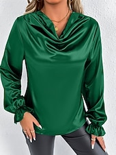 Недорогие Нарядные блузки-Жен. Рубашка Elegant Нарядный Атласный верх Драпировка Сплошной цвет Стиль На каждый день Длинный рукав Вырез-хомут Обычные топы Повседневные На выход Черный Розовый Зеленый Абрикосовый Весна Осень