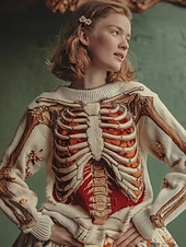 billige Halloween Bluse og Skjorter-Dame Genser søt stil Gatemote Fritid Grafisk Skjelett Crew-hals Lapper Strikket Langermet Vanlige topper Strikke Halloween Svart Rosa Høst Vinter