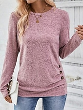 billiga Enkel t-shirt-Dam Blus Ensfärgat Tropisk Stylish Ledigt Långärmad Rund hals Vanliga toppar Dagligen Knappar Rodnande Rosa Himmelsblå Grön Grå Sommar Vår Höst