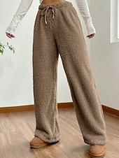 baratos perna larga e cintura alta-Mulheres Atrevido chinês Casual Comprimento total Cintura Média Tecido Design de cordão elástico Térmico / Quente Com Stretch Ao ar livre Férias Rua Camelo Adamascado Cinzento Preto Inverno Ajuste