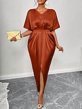 abordables Robe de cocktail-Femmes Robe Longue Maxi Robe Robe de Soirée Robe de Cocktail Robe en Satin Élégant Moderne Soirée Coupe régulière Uni Manche Courte Col en V Noir Jaune Bleu Roi Vert foncé Automne Hiver
