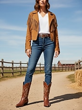 ieftine Cizme Cowboy &amp; Western-Cizme cowboy pentru femei cu cusături western brodate, vârf ascuțit și toc bloc jos - încălțăminte urbană casual elegantă pentru ținute de stradă și de zi cu zi