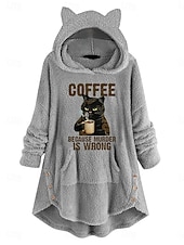olcso Béléses pulóverek-Női Pulóver Hoodie pulóver Cica Alkalmi Hosszú ujj Kapucni Hosszú felsők Utca Hétköznapi Arcpír rózsaszín Bor Szürke Ősz Tél