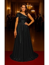 abordables Robes de soirée taille empire-Ligne A Robe de Soirée Élégant Robe de soirée Formel Mariage Traîne Balayage Manche Courte Une Épaule Tissu Lurex avec Froncé 2025