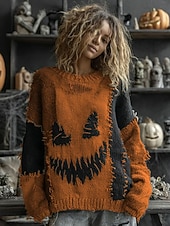 olcso Halloween Blúzok és Ingek-Női Pulóver aranyos stílus Utcai sikk Alkalmi Grafika Tök Terített nyak Kollázs Kötött Hosszú ujj Normál felsők Kötött Halloween Narancssárga Lóhere Ősz Tél