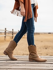 abordables Cowboy et bottes occidentales-Bottes mi-mollet pour femmes avec sangle à boucle en métal, chaussures de mode confortables à talons bas de style occidental rétro pour vêtements décontractés urbains en plein air