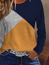 economico T-shirt a righe e geometrico-Per donna Maglietta Stampato Grafico Geometrico Blocco di colori Vintage Elegante Classico Manica Lunga Girocollo Top Regolari Quotidiano Giallo Autunno Inverno