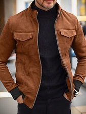 abordables Vestes en Suède Synthétique-Homme Veste en faux suède Veste Décontractée Vacances Quotidien Chaud Avec Poches Automne Hiver Uni Mode Classique Col montant Régulier Noir Vert Café Veste