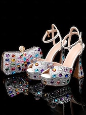 cheap Platform Sandals-Women's Rhinestone Platform High Heel Sandals with Matching Clutch - Sparkly Formal Dress Shoes for Cocktail Parties, Weddings and Elegant Events