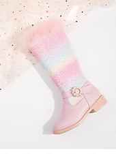 levne Dětská obuv-Dívčí duhové třpytivé kozačky pod kolena s lemem z umělé kožešiny a perleťovou sponou - třpytivé zimní boty pro děti na párty a svátky.