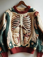 preiswerte Halloween Bluse und Shirts-Damen Pullover Mode Lässig Grafik Skelett Rundhalsausschnitt Patchwork Blumen Gestrickt Langarm Normale Oberteile Stricken Halloween Weiß Rote Herbst Winter