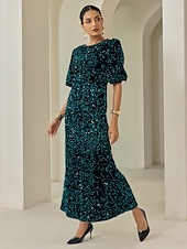 billige festkjole-velur paljett puffermer glitrende elegant maxikjole