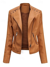 economico Pellicce &amp; Pelli-Per donna Giacca in Ecopelle Confortevole Cerniera Tasca Casual Semplice Vacanza Abbigliamento quotidiano Uscire Weekend Regolare Collo ripiegato Vestibilità regolare Manica Lunga Capispalla Nero
