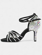 baratos Sapatos de Dança Latina-Sapatos de dança latina pretos com strass para mulheres - saltos brilhantes para festas de salão com tira no tornozelo para salsa, rumba e eventos noturnos