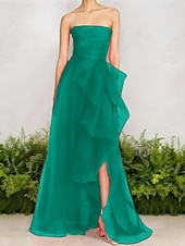 ieftine Rochii lungi și rochii de seară-Rochie de Seară A-Line Stil Celebritate Rochie Elegantă Invitată de Nuntă Lungime Pe Jos Fără Mâneci Un Umăr Organza cu Fustițe Răsucite Fanta