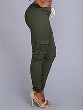 baratos Calças Skinny Femininas-Mulheres chinês calças justas Moda Roupa de rua Casual Comprimento total Cintura Alta Tecido Com Cordão Bolsos Confortável Macio Micro-Elástica Ao ar livre Rua Branco Verde Tropa Vermelho Verão