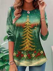 Christmas Women's T Shirt Christmas Tree Snowflake Vintage Stylish Classic Long Sleeve Crew Neck Round Neck Regular Tops Weekend Print Green Winter3
