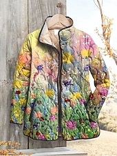 billiga Puffers &amp; Parka-Dam Vinterjacka Pufferjacka Håller värmen Bekväm Ficka Knappar Mönster Mode Dagligen Utomhus Blommig Semester Ledigt Dagligen Enkelknäppt Normal Hög krage Normal Långärmad Ytterkläder Svart Rodnande