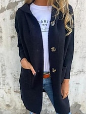 preiswerte Offene Frontstrickjacke-Damen Pullover Strickjacke Streetwear Lässig Einfarbig Mit Kapuze Tasche Knöpfe Gestrickt Langarm Lange Oberteile Stricken Täglich Ausgehen Wochenende Schwarz Gelb Herbst Winter