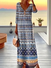 economico Abito Boho-Per donna Abito maxi Vestito T-Shirt Abito a trapezio Vacanza Casual Boho Uscire Vestibilità regolare Floreale Grafico Geometrico Manica Lunga Scollo a V Marrone chiaro Blu Marrone Primavera Autunno