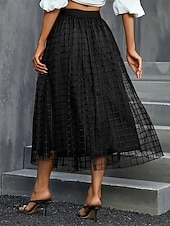 billige Festkjoler-Dame الالتفاف A-linje Mote Fritid Midi Høy Midje Skjørt عادي Lomme Multi Layer Tyll Mikroelastisk Gate Daglig Svart Vår Polyester