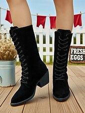 baratos Botas de combate-Botas femininas de cano médio em camurça sintética marrom escuro com salto grosso – botas estilo vintage para outono e inverno e uso diário