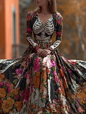 Halloween Women's Maxi Dress Pleated Dress Boho Date Regular Fit Floral Skull Long Sleeve V Neck Black Fall3