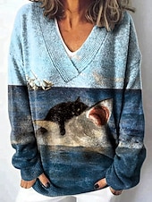 Недорогие Пуловеры и топы-Жен. Кардиган Повседневные Графика Животное Геометрический принт Рельефный узор V-образный вырез Пуговицы С принтом Длинный рукав Обычные топы Вязать на открытом воздухе выходные Красный Синий