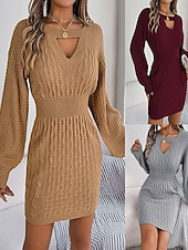 preiswerte Pulloverkleider-Damen Minikleid Pulloverkleid Bodycon Etui-Kleid Mode Modern Laternenärmel Täglich Ferien Wochenende Normale Passform Einfach Langarm Rundhalsausschnitt Wein Khaki Grau Frühling Herbst