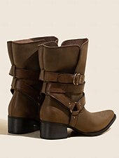お買い得  カウボーイ＆ウエスタンブーツ-バックルストラップとチャンキーヒールを備えた女性用ボヘミアンウエスタンスタイルのブラウンブーツ。カジュアルウェアやフェスティバルに最適です。