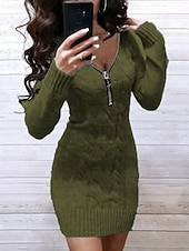 preiswerte Pulloverkleider-Damen Pullover Pullover Kleid Lässig Weich Einfarbig Gerippt V Ausschnitt Reißverschluss Gestrickt Langarm Lange Oberteile Stricken Outdoor Party Täglich Wein Armeegrün Herbst Winter