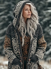 billiga Koftor &amp; Ytterkläder-viking boho damkofta vintage vardag etnisk stil geometrisk färg tonad ribbad huva fickor knappar tryck långärmad långa toppar stickad utomhus helg gul blå höst vinter