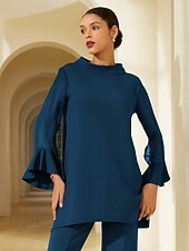 preiswerte Blusen-Dunkelblaue Chiffon-Modal-Slim-Fit-Bluse für Damen mit transparenten Ärmeln, elegant, leicht, atmungsaktiv, fürs Büro, Abendessen oder Date