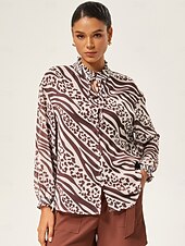 abordables Chemises et blouses-Femmes Féminin Chemise Décontractée Motif Zèbre Occasionnel Marron Noué au dos / Noué devant manche longue Élégant Bohème Vacances Col en V Été Printemps