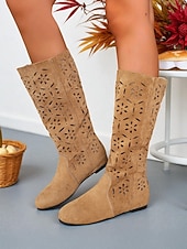 cheap Slouch Boots-Women&#039;s Slouchy Mid-Calf Boots with Floral Cutout Design, Casual Boho Style for Autumn Street and Everyday Wear