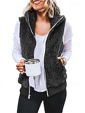 abordables Chaquetas Sherpa-Mujer Chaqueta casual Cómodo Transpirable Cremallera Bolsillo Casual Plano Vacaciones Calle Casual Ropa Cotidiana Cremallera Corto Regular Con Capucha Ajuste regular Sin Mangas Ropa de calle Negro